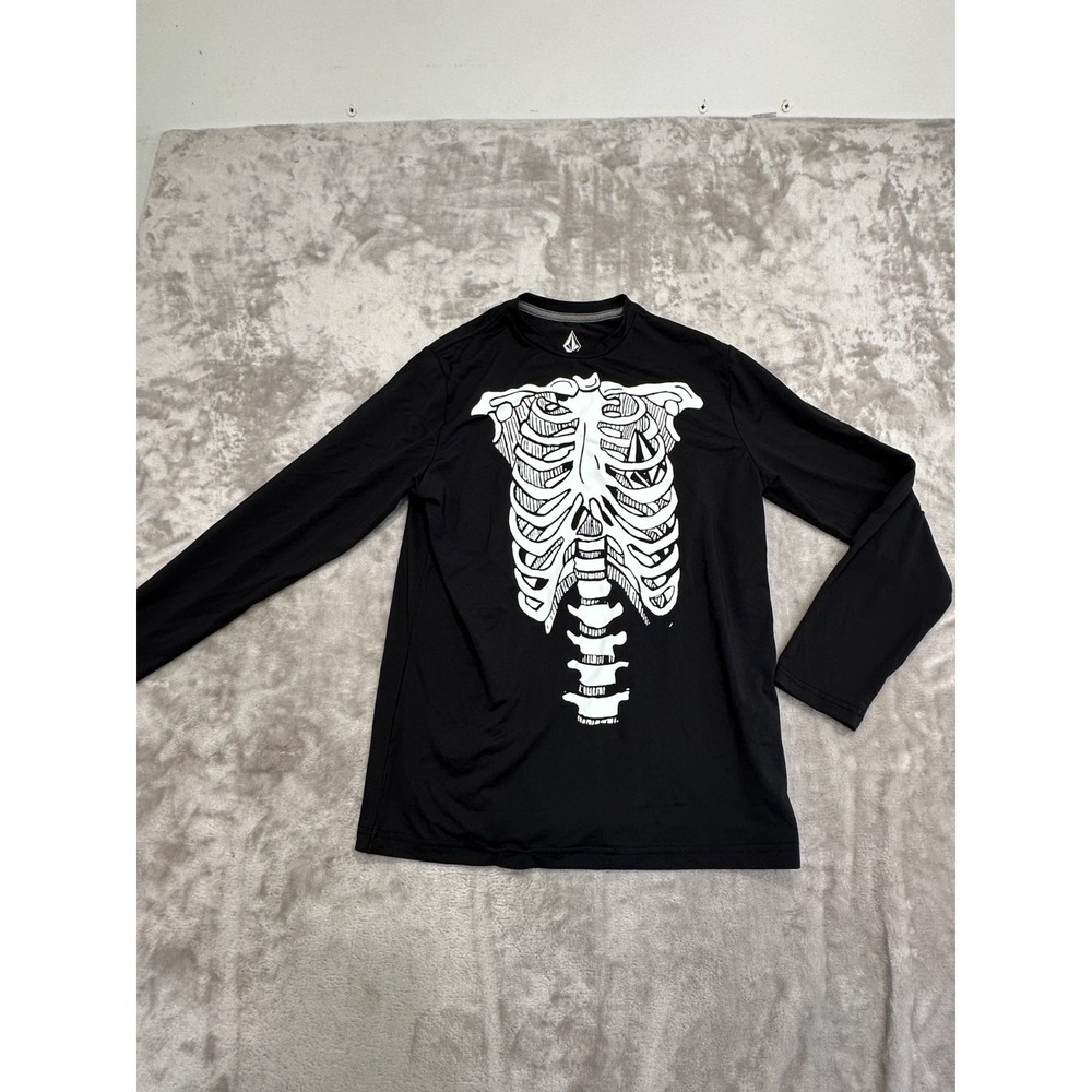 Volcom Rash Guard SPF 50+‎ Kids Large Skeleton Black Long Sleeve EUC